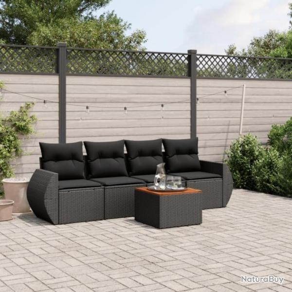 Salon de jardin 5 pcs avec coussins noir rsine tresse