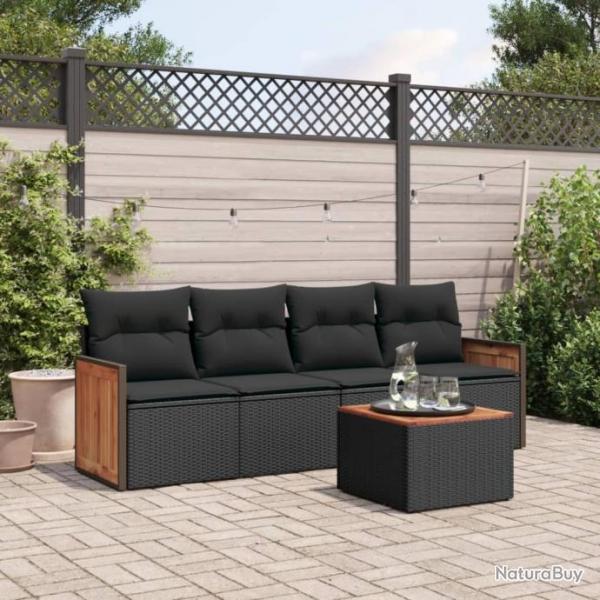 Salon de jardin 5 pcs avec coussins noir rsine tresse