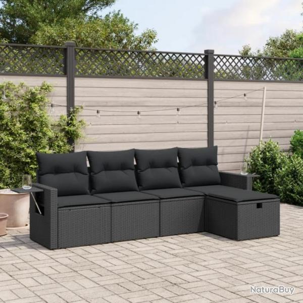 Salon de jardin 5 pcs avec coussins noir rsine tresse