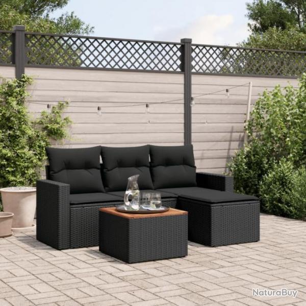 Salon de jardin 5 pcs avec coussins noir rsine tresse