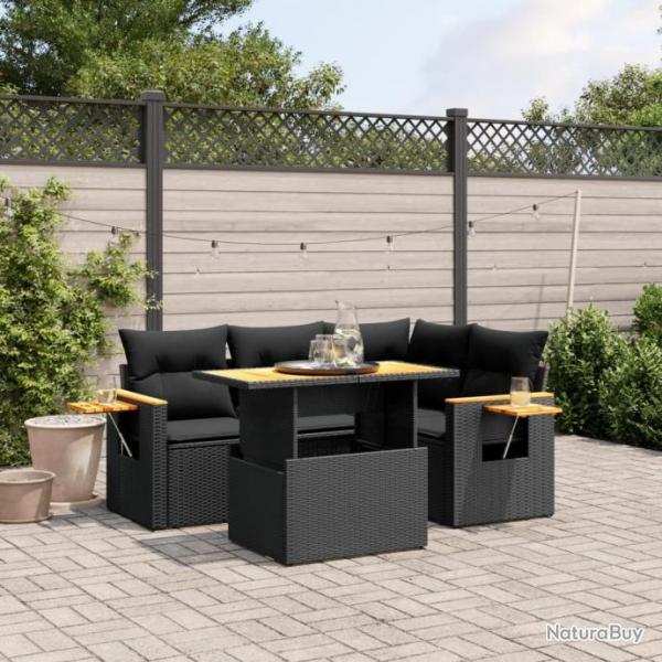 Salon de jardin 5 pcs avec coussins noir rsine tresse