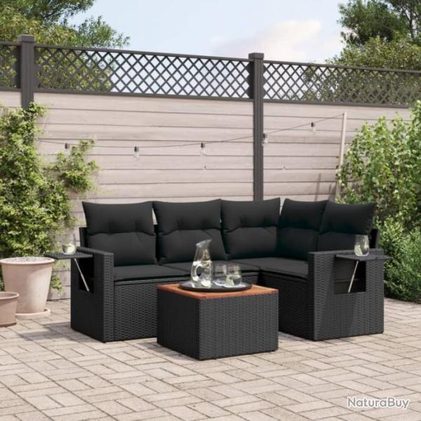 Salon de jardin 5 pcs avec coussins noir rsine tresse