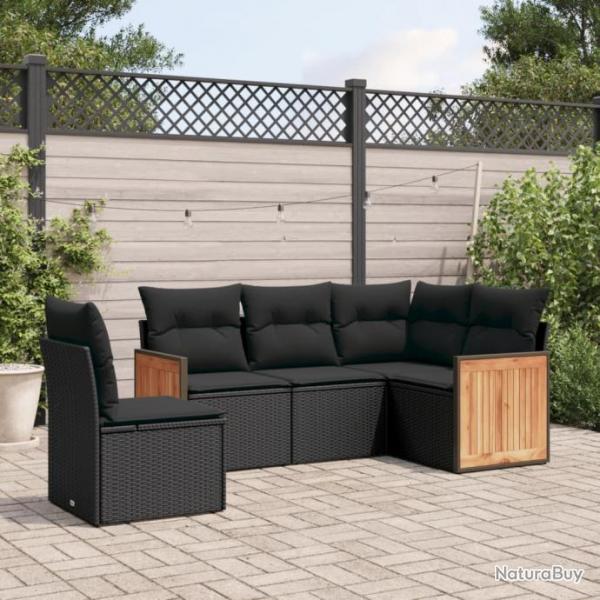 Salon de jardin 5 pcs avec coussins noir rsine tresse