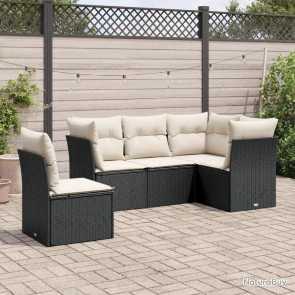 Salon de jardin 5 pcs avec coussins noir rsine tresse