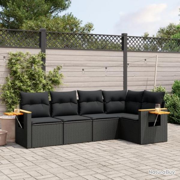 Salon de jardin 5 pcs avec coussins noir rsine tresse