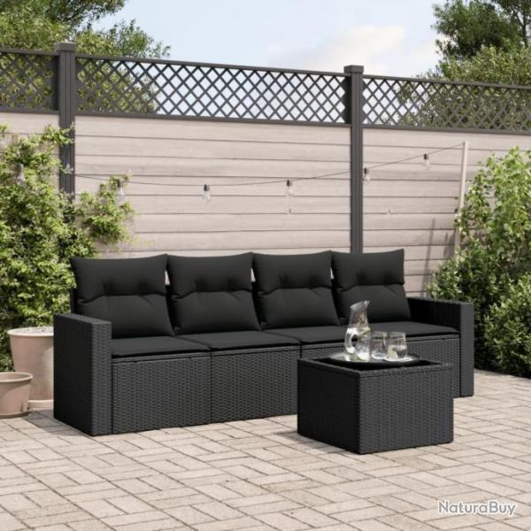 Salon de jardin 5 pcs avec coussins noir rsine tresse