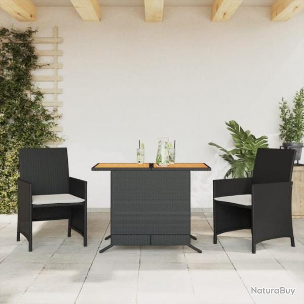 Ensemble de bistro 3 pcs avec coussins noir rsine tresse