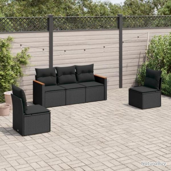 Salon de jardin 5 pcs avec coussins noir rsine tresse