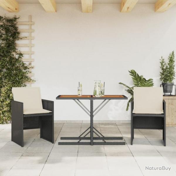 Ensemble de bistro 3 pcs avec coussins noir rsine tresse