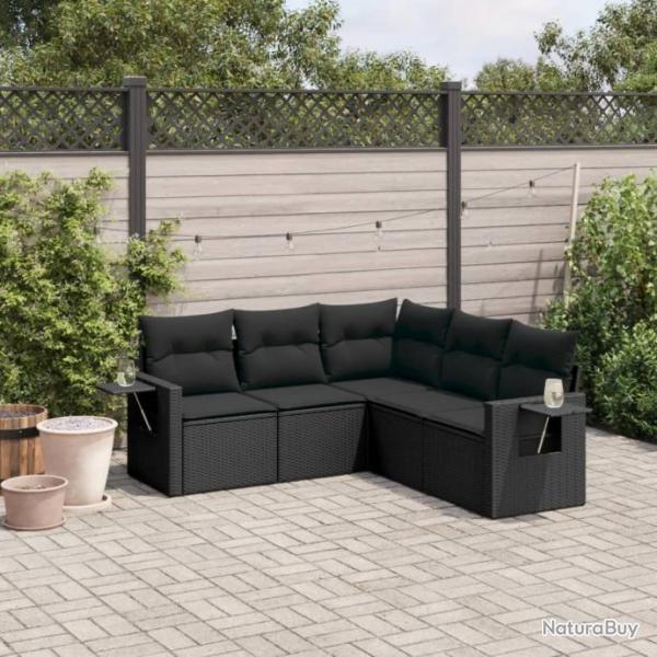 Salon de jardin 5 pcs avec coussins noir rsine tresse