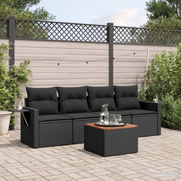 Salon de jardin 5 pcs avec coussins noir rsine tresse