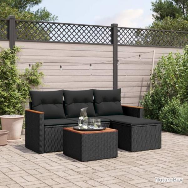 Salon de jardin 5 pcs avec coussins noir rsine tresse