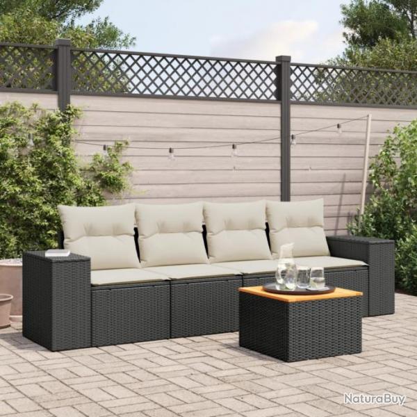 Salon de jardin 5 pcs avec coussins noir rsine tresse