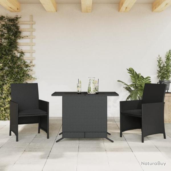 Ensemble de bistro 3 pcs avec coussins noir rsine tresse