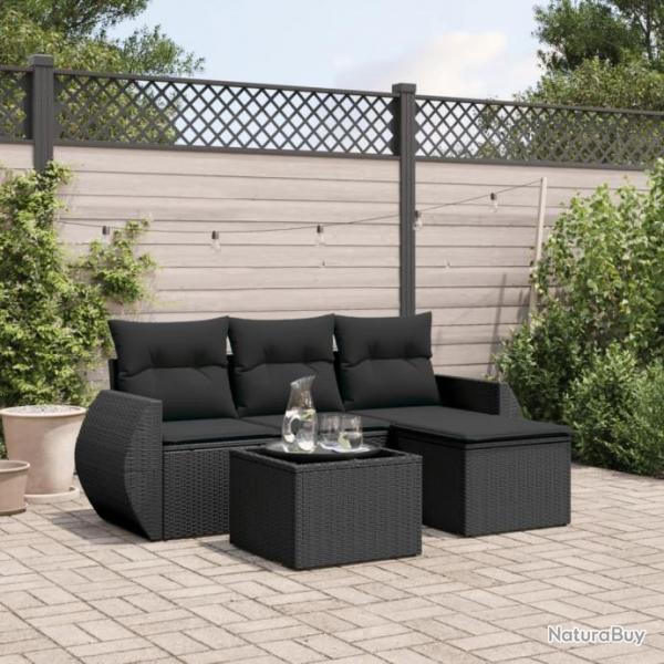 Salon de jardin 5 pcs avec coussins noir rsine tresse