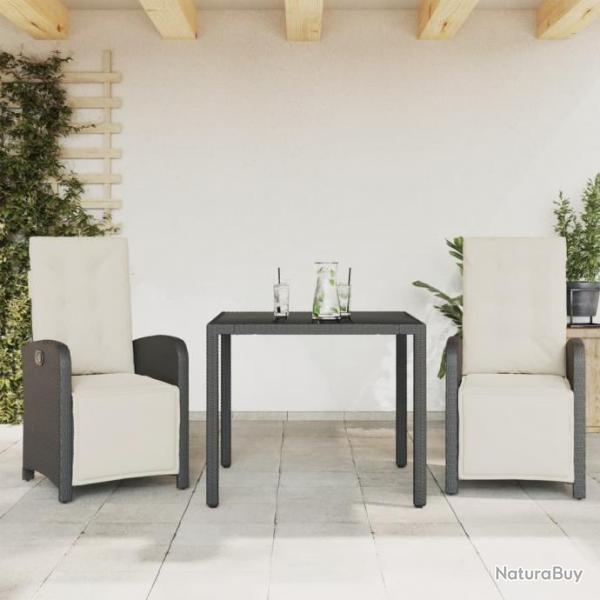 Ensemble de bistro 3 pcs avec coussins noir rsine tresse