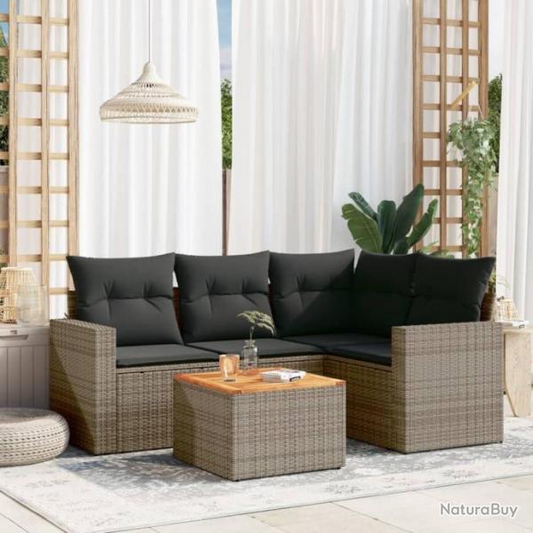 Salon de jardin 5 pcs avec coussins gris rsine tresse