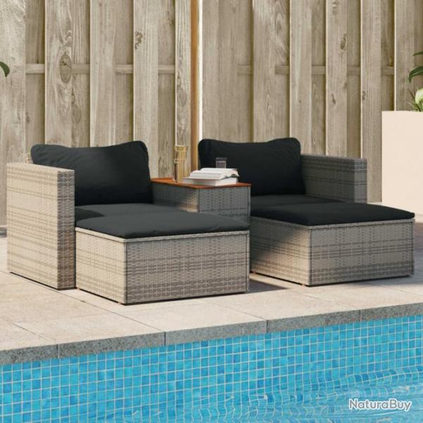 Salon de jardin 5 pcs avec coussins gris rsine tresse acacia