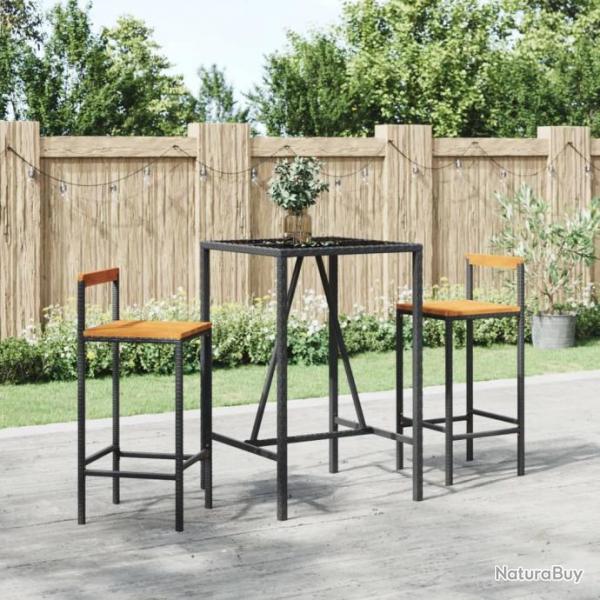 Ensemble de bar jardin 3 pcs noir poly rotin/bois massif acacia