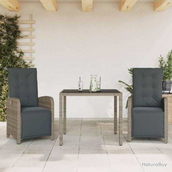 Ensemble de bistro 3 pcs avec coussins gris rsine tresse