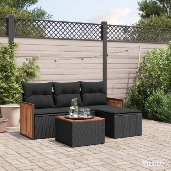 Salon de jardin 5 pcs avec coussins noir rsine tresse