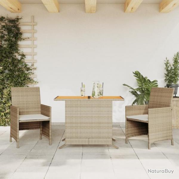 Ensemble de bistro 3 pcs avec coussins beige rsine tresse