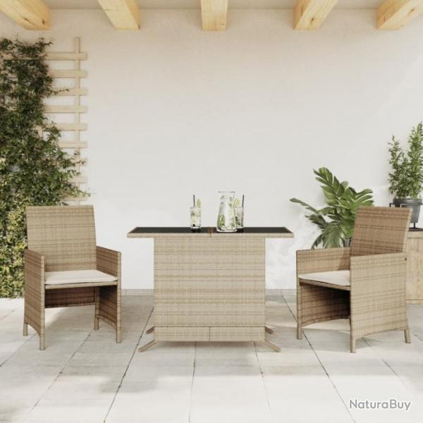 Ensemble de bistro 3 pcs avec coussins beige rsine tresse