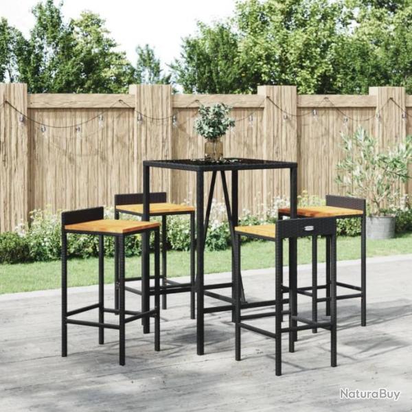 Ensemble de bar jardin 5 pcs noir poly rotin/bois massif acacia