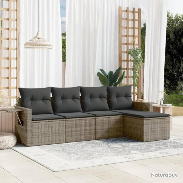 Salon de jardin 5 pcs avec coussins gris rsine tresse