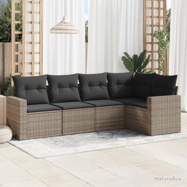 Salon de jardin 5 pcs avec coussins gris rsine tresse