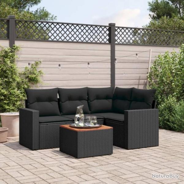 Salon de jardin 5 pcs avec coussins noir rsine tresse