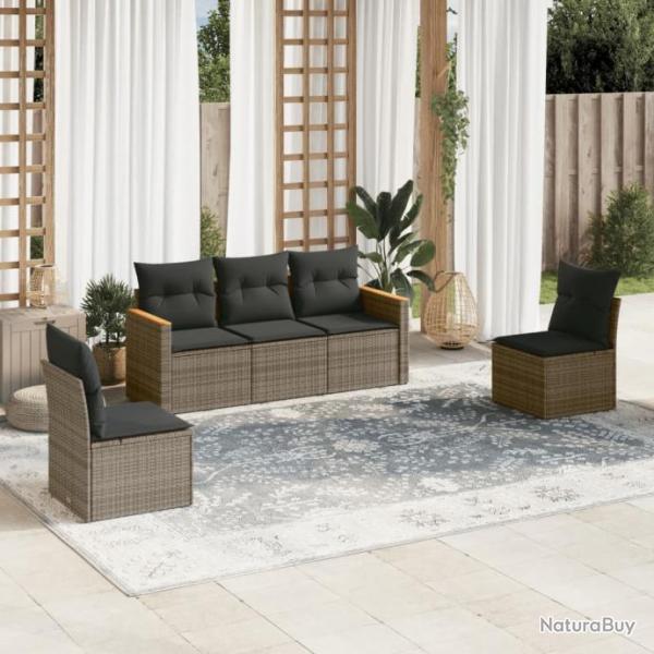 Salon de jardin 5 pcs avec coussins gris rsine tresse