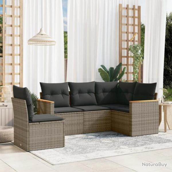 Salon de jardin 5 pcs avec coussins gris rsine tresse