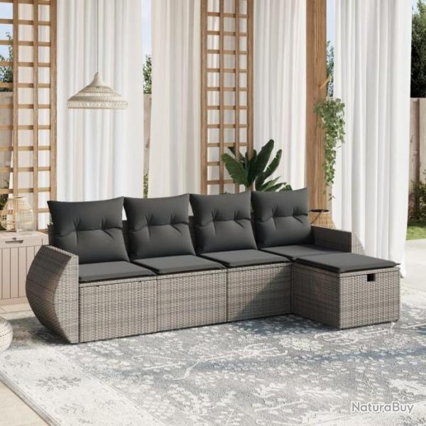 Salon de jardin 5 pcs avec coussins gris rsine tresse