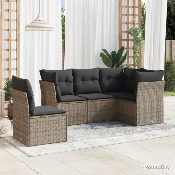 Salon de jardin 5 pcs avec coussins gris rsine tresse