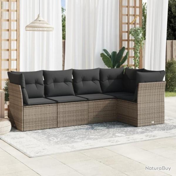 Salon de jardin 5 pcs avec coussins gris rsine tresse