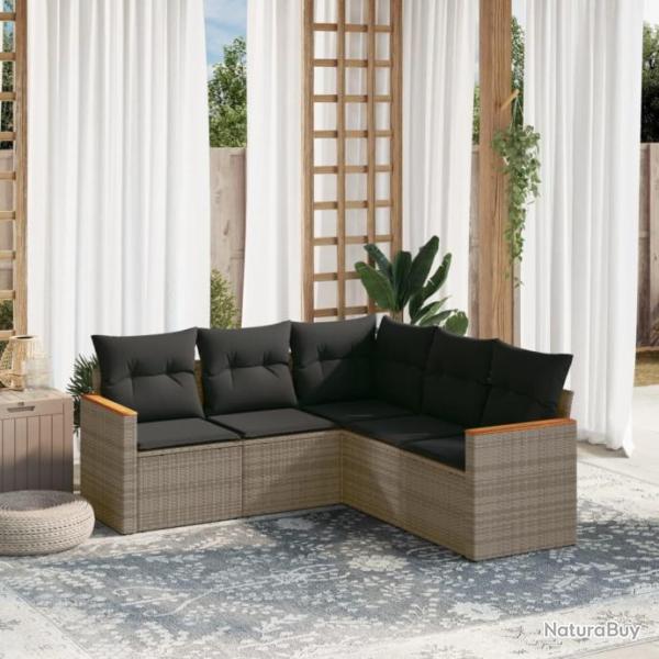 Salon de jardin 5 pcs avec coussins gris rsine tresse