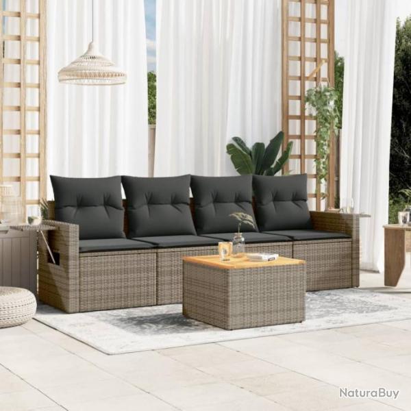 Salon de jardin 5 pcs avec coussins gris rsine tresse