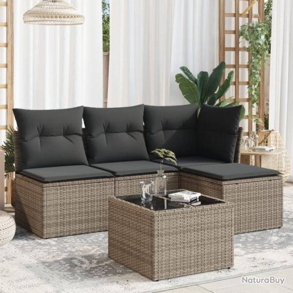 Salon de jardin 5 pcs avec coussins gris rsine tresse