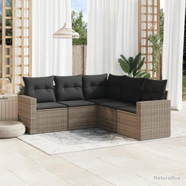 Salon de jardin 5 pcs avec coussins gris rsine tresse