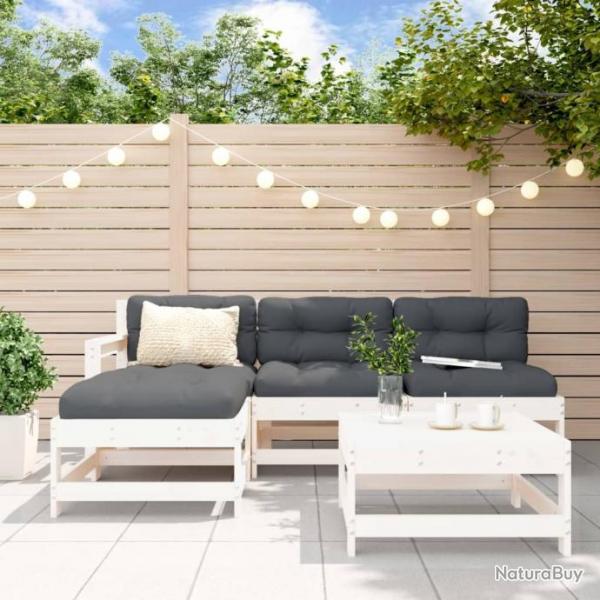 Salon de jardin 5 pcs blanc bois massif de pin