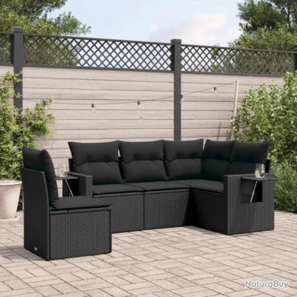 Salon de jardin 5 pcs avec coussins noir rsine tresse