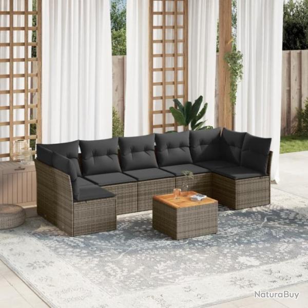 Salon de jardin 8 pcs avec coussins gris rsine tresse