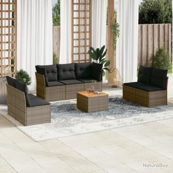 Salon de jardin 8 pcs avec coussins gris rsine tresse