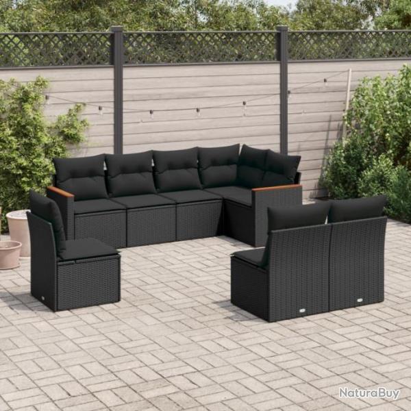 Salon de jardin 8 pcs avec coussins noir rsine tresse