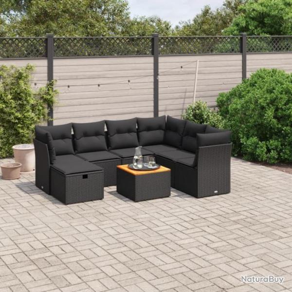 Salon de jardin 8 pcs avec coussins noir rsine tresse