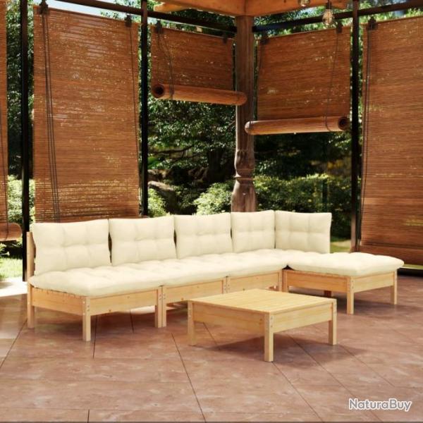 Salon de jardin 6 pcs avec coussins crme bois de pin