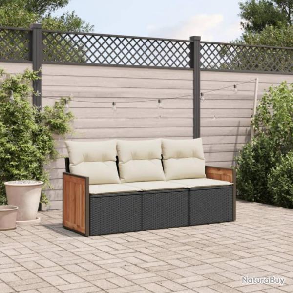 Salon de jardin 3 pcs avec coussins noir rsine tresse