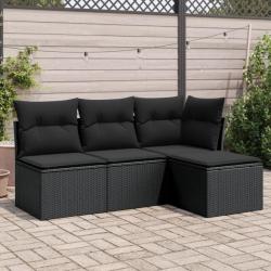 Salon de jardin 4 pcs avec coussins noir résine tressée