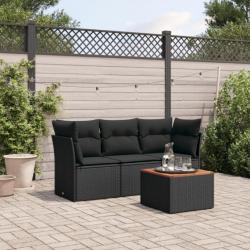 Salon de jardin 4 pcs avec coussins noir résine tressée